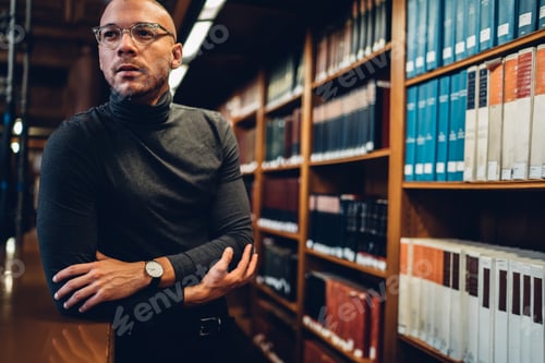 Preview: Pensive adult man pondering in library