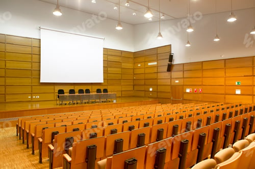 Preview: Conference room indoor. Modern wood furniture workplace with screen.