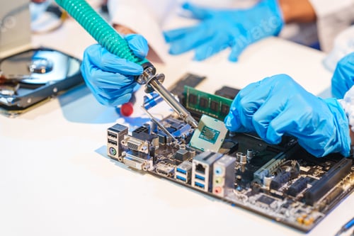 Preview: Close-up of a technician wearing gloves soldering electronic components at a desk in an office
