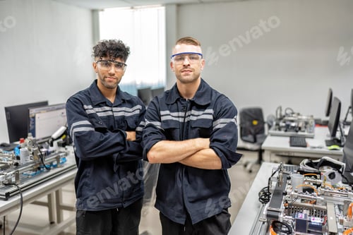 Preview: Engineer stand in robot fabrication room quality checking electronic control board engineering