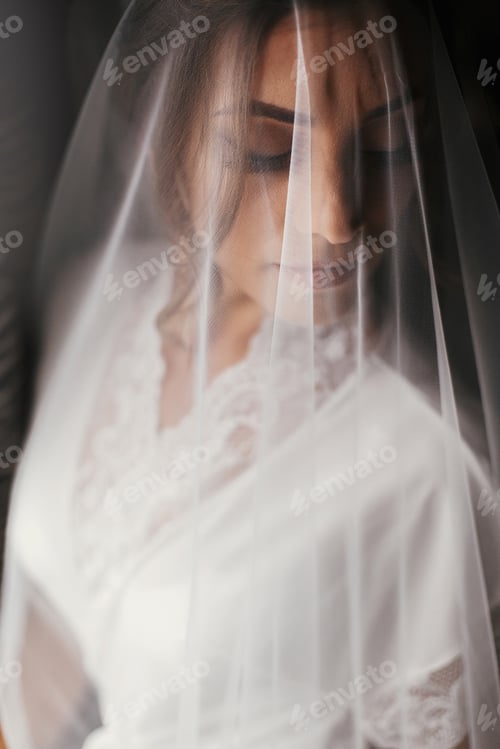 Preview: Gorgeous beautiful bride in silk robe under veil posing at window in soft light