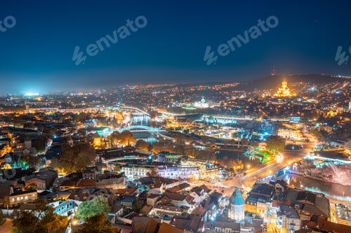 Preview: Tbilisi, Georgia. Elevated Rooftop View Of Famous Landmarks In Night Illuminations. Georgian Capital