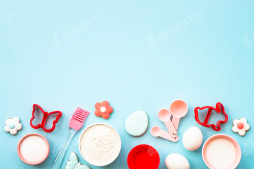 Preview: Easter baking background at blue flat lay.