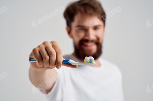 Preview: bearded man hygiene toothpaste morning isolated background