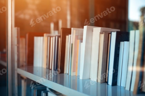 Preview: Books on library shelf through window