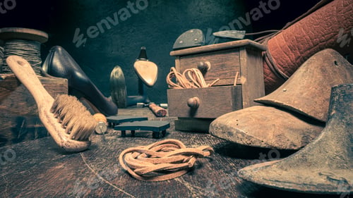 Preview: Vintage cobbler workplace with with tools, anvil, shoes and rule.