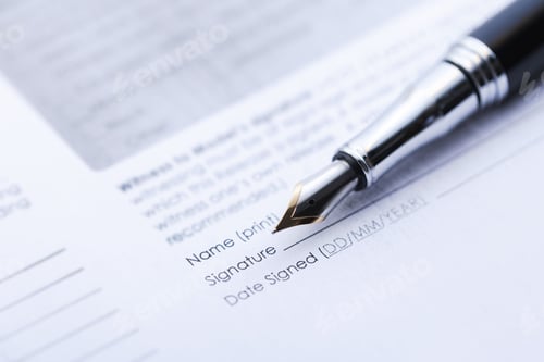 Preview: Signing the business contract. Fountain pen and document.