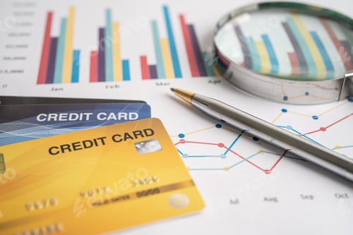 Preview: Credit card on chart and graph paper. Finance development,