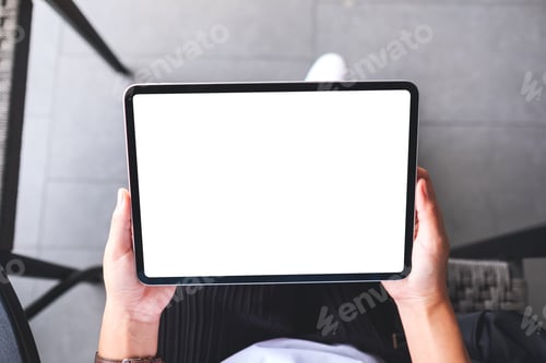 Preview: Top view mockup image of a woman holding digital tablet with blank white desktop screen