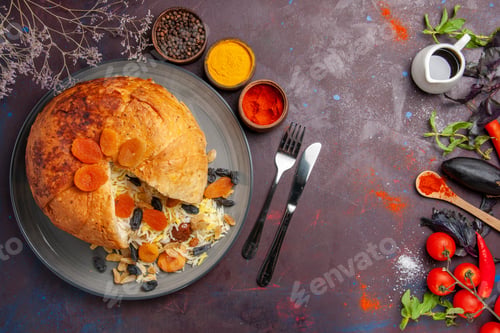 Preview: top view delicious shakh plov with raisins and different seasonings on a dark background rice dough
