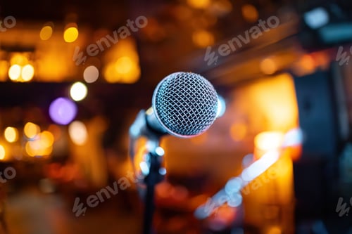 Preview: Microphone on stage against a background of auditorium.