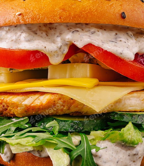 Preview: Delicious sandwich stacked with fresh ingredients on a rustic wooden table