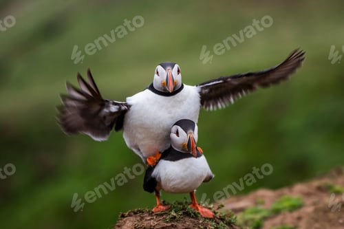 Preview: Cute puffins mating on Skomer Island, Pembrokeshire Coast National Park, Wales, United Kingdom, icon