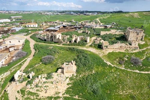 Preview: Drone aerial view of an abandoned deserted village. Ruins of deserted old town