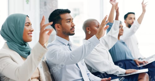 Preview: Hands, audience and questions during a presentation by business people discussing goal in meeting.