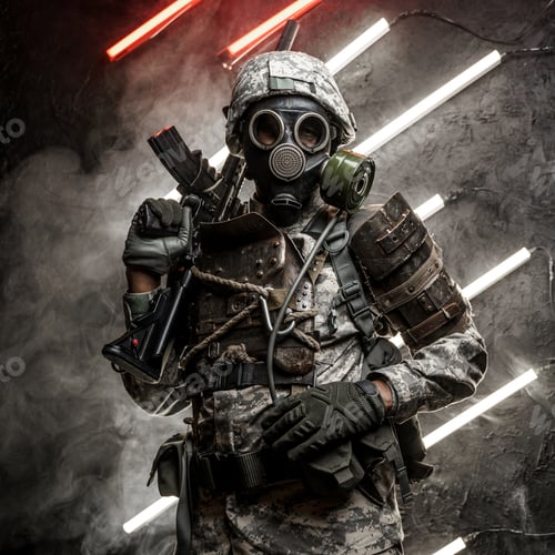 Preview: Military man with gas mask holding rifle on his shoulder