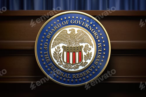 Preview: Federal Reserve System Fed sign and symbol on tribune in press conference hall.