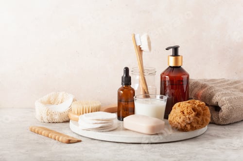 Preview: zero waste eco hygiene bathroom concept. wooden toothbrush soap reusable pads brush cosmetic