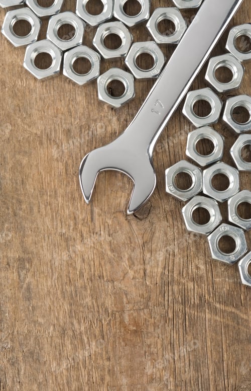 Preview: wrench and nut tool on wood