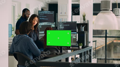 Preview: Team of programmers working on source code with greenscreen monitor