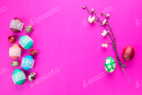 Preview: top view colored painted eggs on pink surface ethnic holidays ornate colourful spring concept