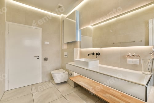 Preview: a modern bathroom with a large mirror and a sink