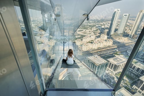 Preview: Sliding down a glass slide with a view of the skyscrapers. Sky View Observatory