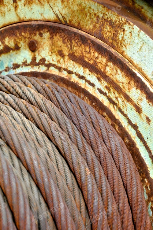 Preview: A close-up of rusty cables or high tension wire on a metal spool