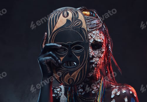 Preview: Portrait of a scary African shaman female with a petrified cracked skin and dreadlocks