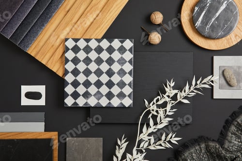 Preview: Stylish flat lay comosition of creative architect moodboard