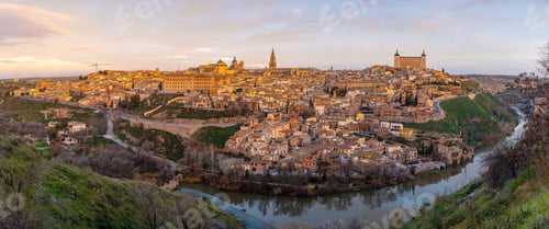 Preview: Panoramic at sunrise over the medieval city of Toledo in Castilla La Mancha, Spain