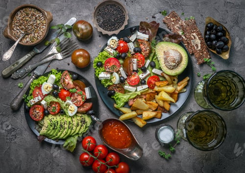 Preview: Vegetarian dinner - fried potatoes and fresh vegetable salad