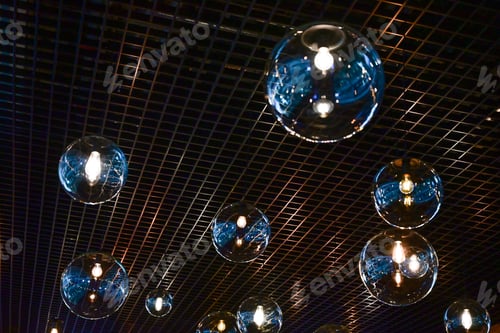 Preview: Round-shaped LED lamps on the ceiling in the interior of the restaurant