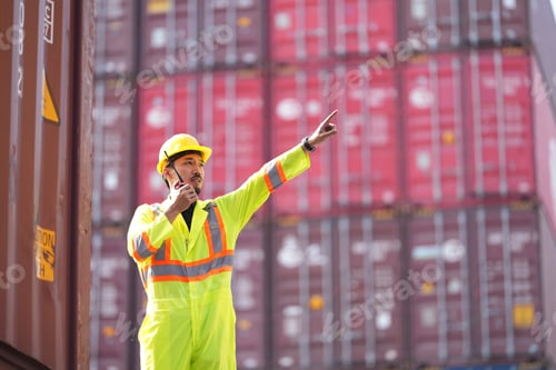 Preview: Foreman control loading Containers box from Cargo freight ship for import export.
