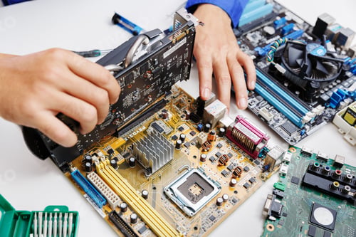 Preview: Technicial professinoal assemble part to repair computer motherboard and processor.Top view.