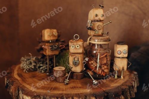Preview: Cute family of robots made by hand from scrap materials, wooden robot from bolts and screws, hobby