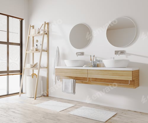 Preview: Modern apartment bathroom interior with two sinks, wooden cabinets and ladder, towels and window