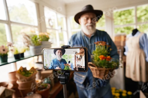 Preview: Aged man with flowers taking photo on smartphone