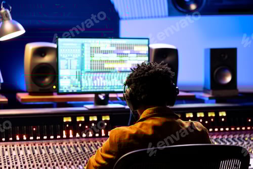 Preview: African american sound engineer editing tracks in control room at studio