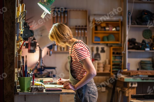 Preview: Female carpenter sketching furniture design and projects in woodworking workshop. Handmade work
