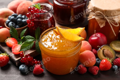 Preview: Jars with different jams and fresh fruits on wooden table, closeup