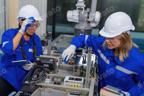 Preview: Female Electronics Factory Workers use tablet pc quality checking Circuit Boards after assembly