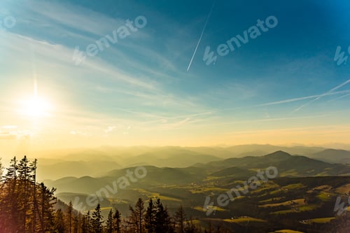 Preview: Landscape view during sunset in spring from Graz Schockl mountain in Styria Austria