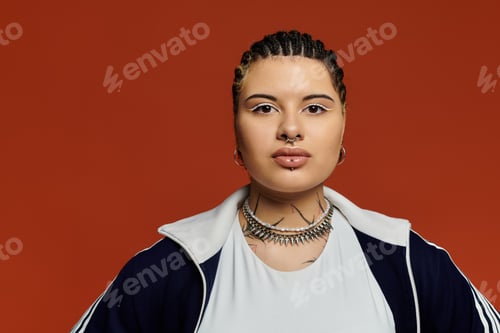 Preview: Stylish young woman embracing fashion with confidence against vibrant backdrop