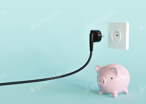 Preview: Black electrical plug, electric socket and piggy bank. Ready to connect. Free, copy space for your