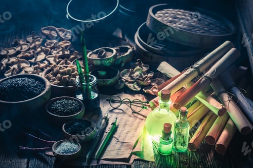 Preview: Magical scrolls and recipe in old kitchen laboratory