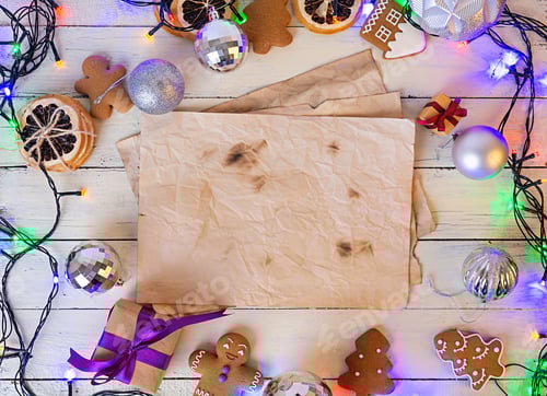 Preview: Christmas sweets, ginger cookies on wooden background. Christmas background