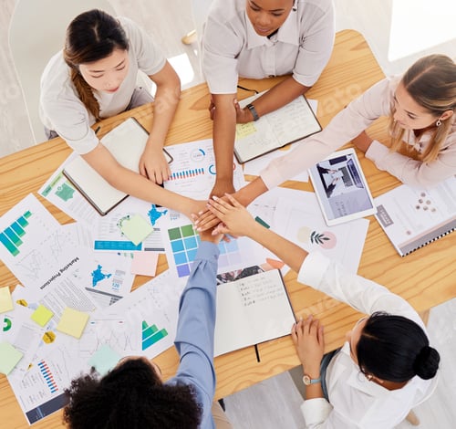 Preview: Business women, teamwork and hands in support, trust and motivation for brand strategy meeting and