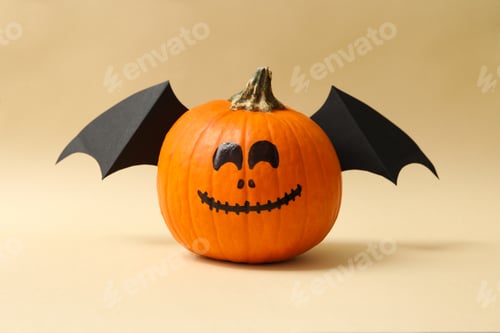 Preview: Pumpkins with smile and wings on beige background