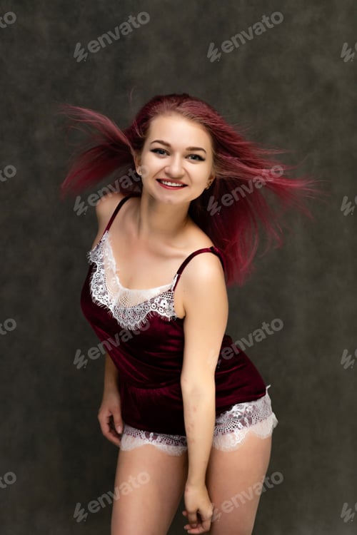 Preview: Concept Portrait Of A Knee-High Pretty Sexy Girl With Purple Hair In Beautiful Red Lingerie On A